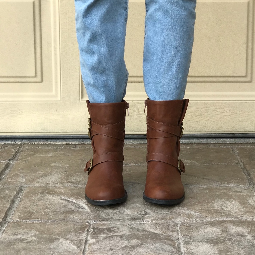 Cognac Polished Buckle Combat Style Ankle Booties - Picture 3 of 5
